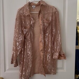 River Island Sequin Button Down Shirt in Rose Gold